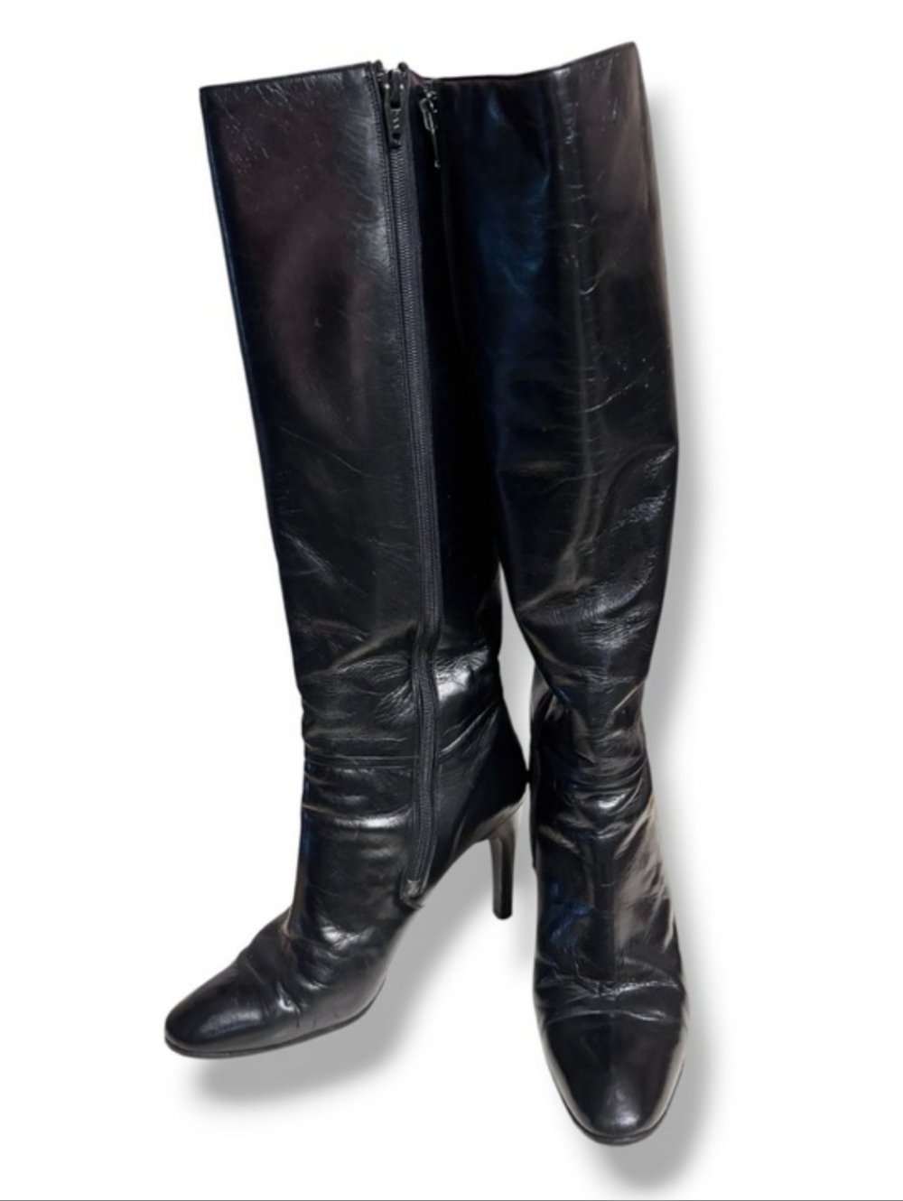CHRISTIAN DIOR Black Leather Knee Boots Stiletto Heel Size 6.5 VINTAGE